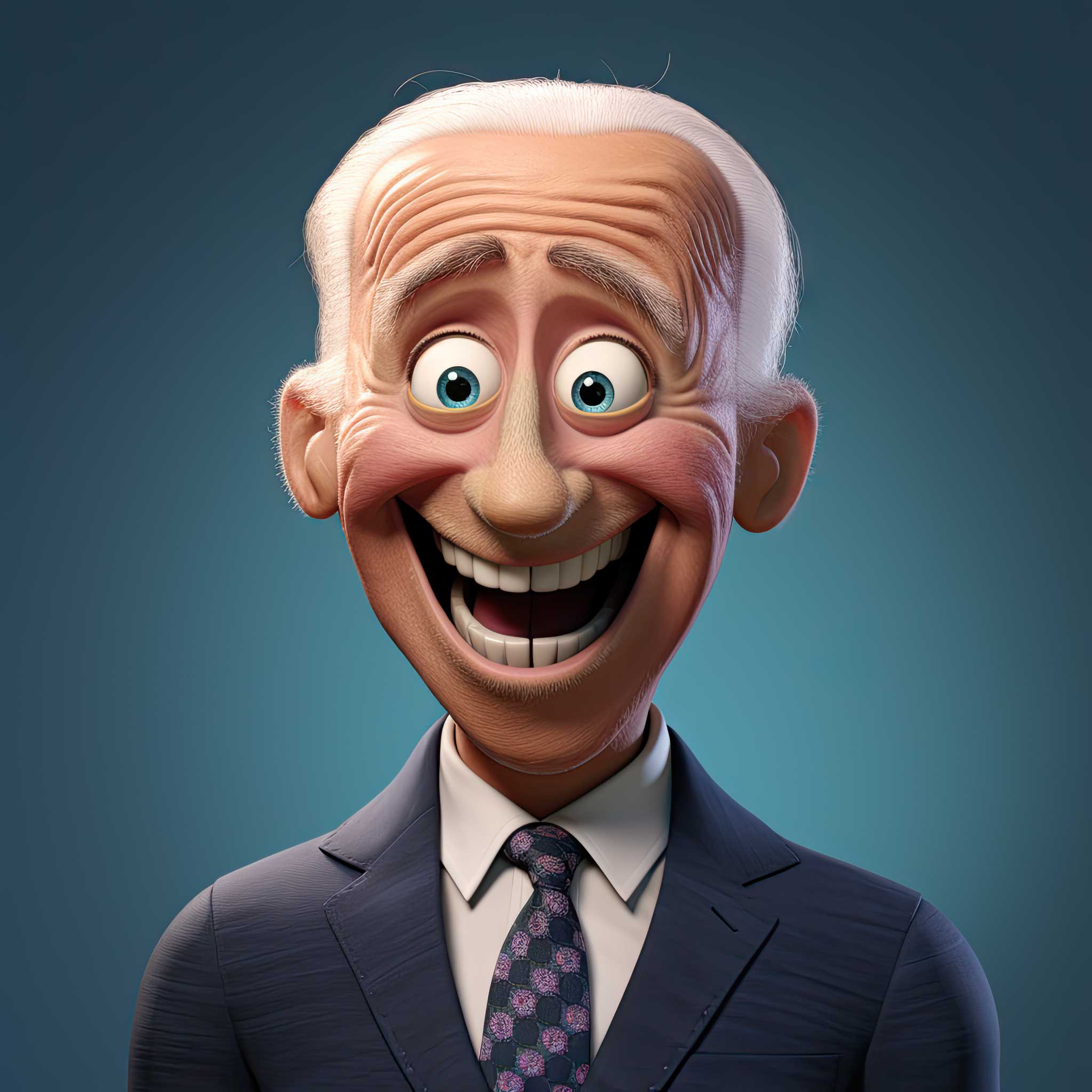 Smiling cartoon businessman in a suit and tie on a dark teal background.