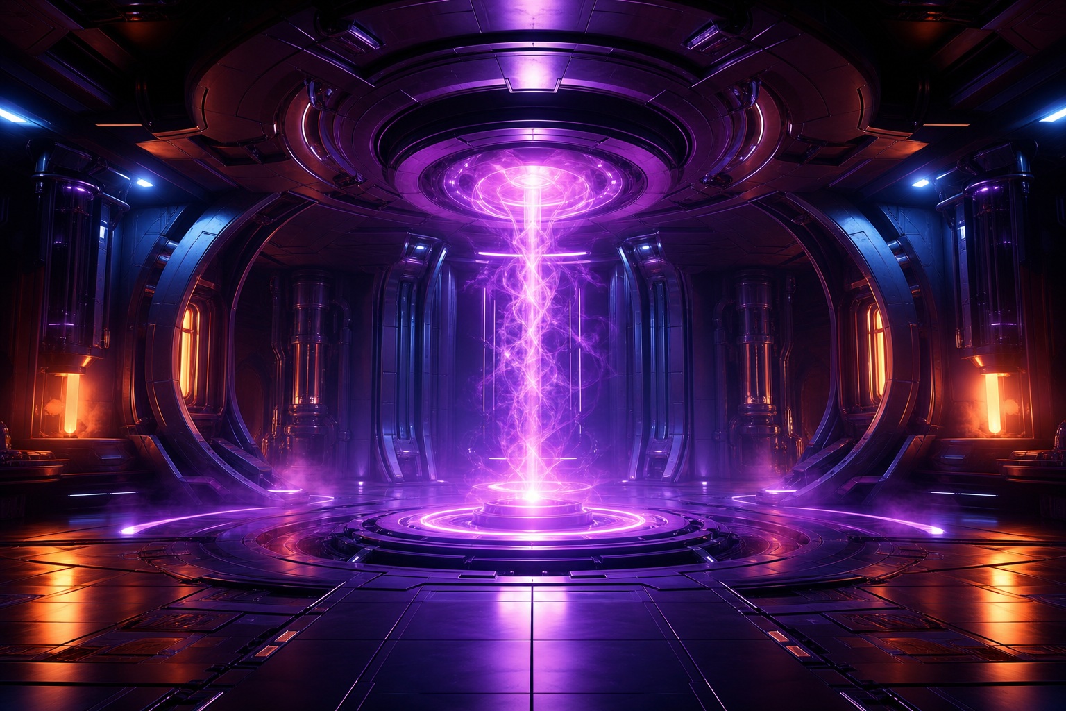 Futuristic neon server room with a glowing purple plasma core in the center.