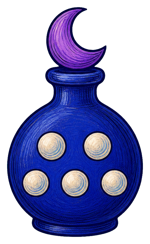 Indigo bottle sticker with a crescent moon top and five pale circular accents
