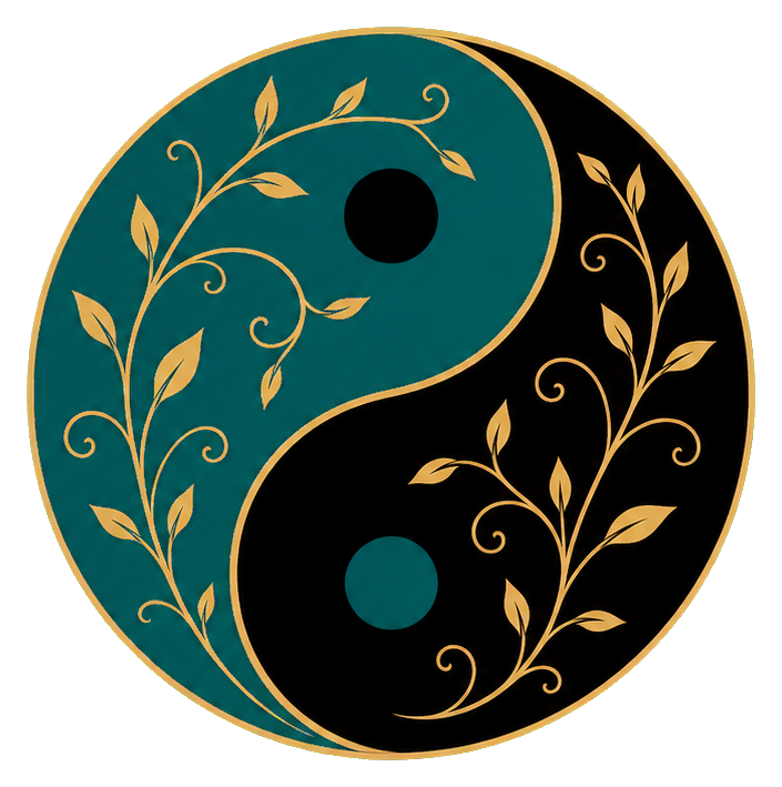 A teal and gold yin yang symbol decorated with botanical vine patterns.