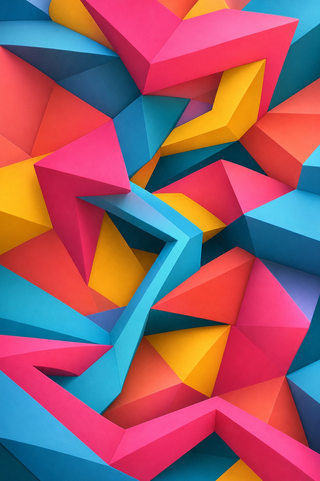 Bright 3D abstract geometric shapes in sky blue, hot pink, yellow, and orange forming a twisting pattern.