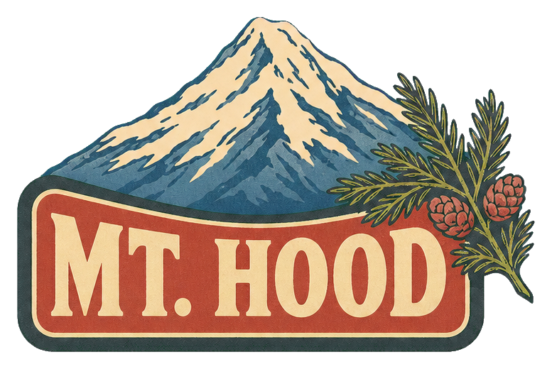 Retro Mt. Hood text sticker with cedar branches and mountain illustration