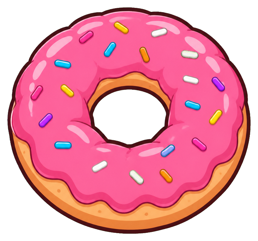 Pink frosted donut shaped like a life ring with colorful sprinkles and a hole in the center.