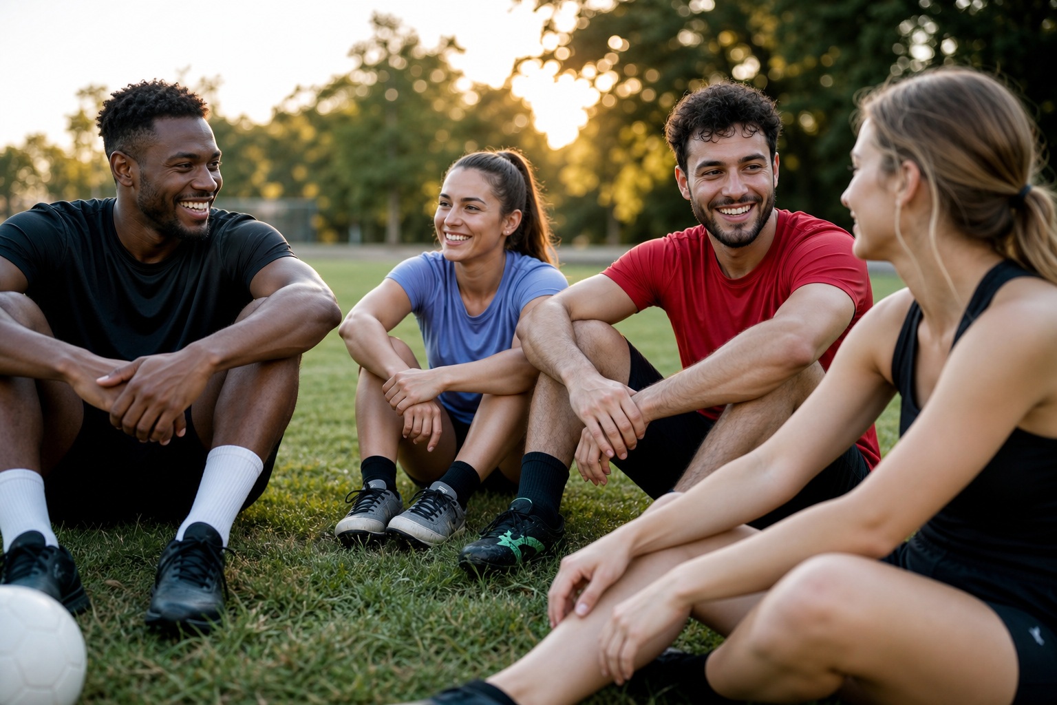 Four friends sitting on grass outdoors and chatting in a casual group scene.