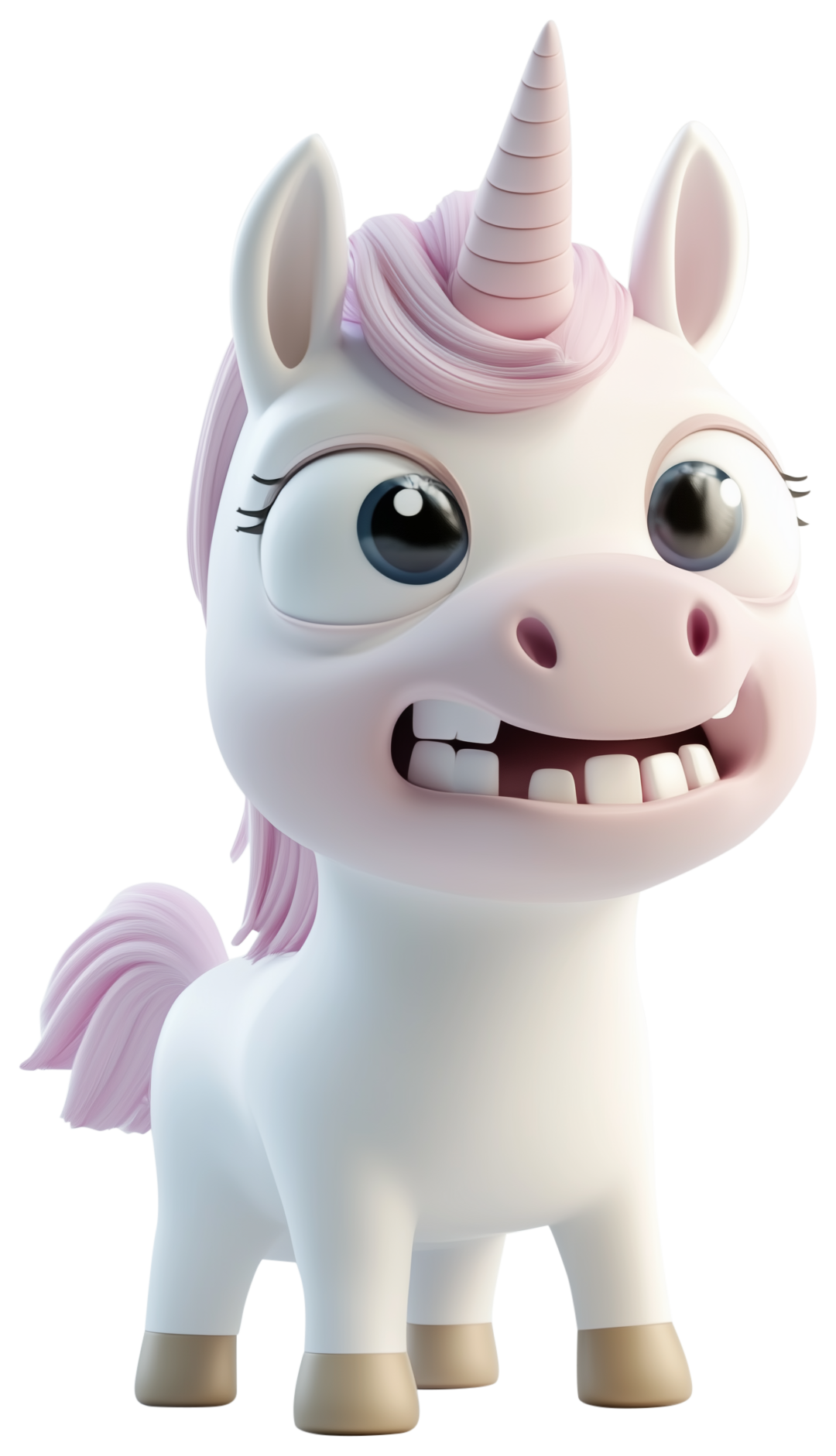 Cute cartoon unicorn with pink mane, big eyes, and a smiling face.