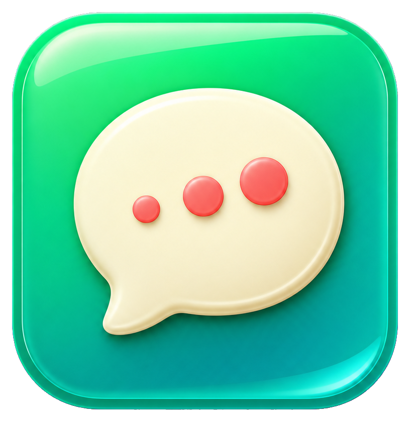Glossy green app icon with a cream speech bubble and three red dots