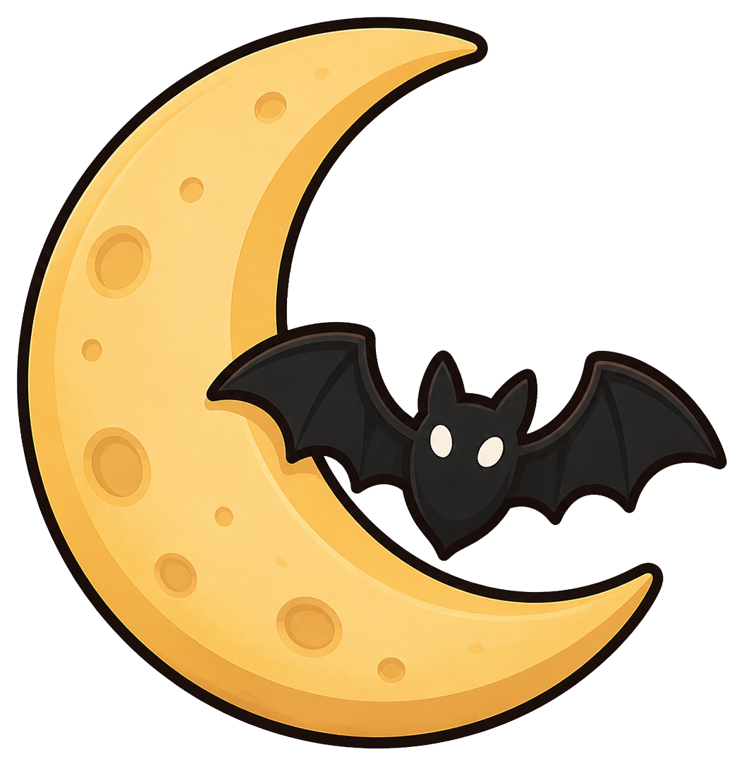 Black bat flying in front of a yellow crescent moon