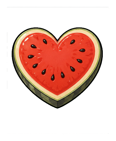 Heart-shaped watermelon slice with red center, black seeds, and green rind