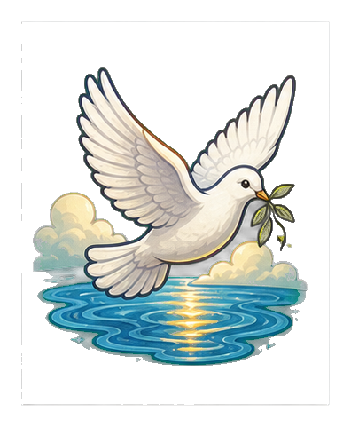 White dove flying above blue water with clouds and a small leafy branch
