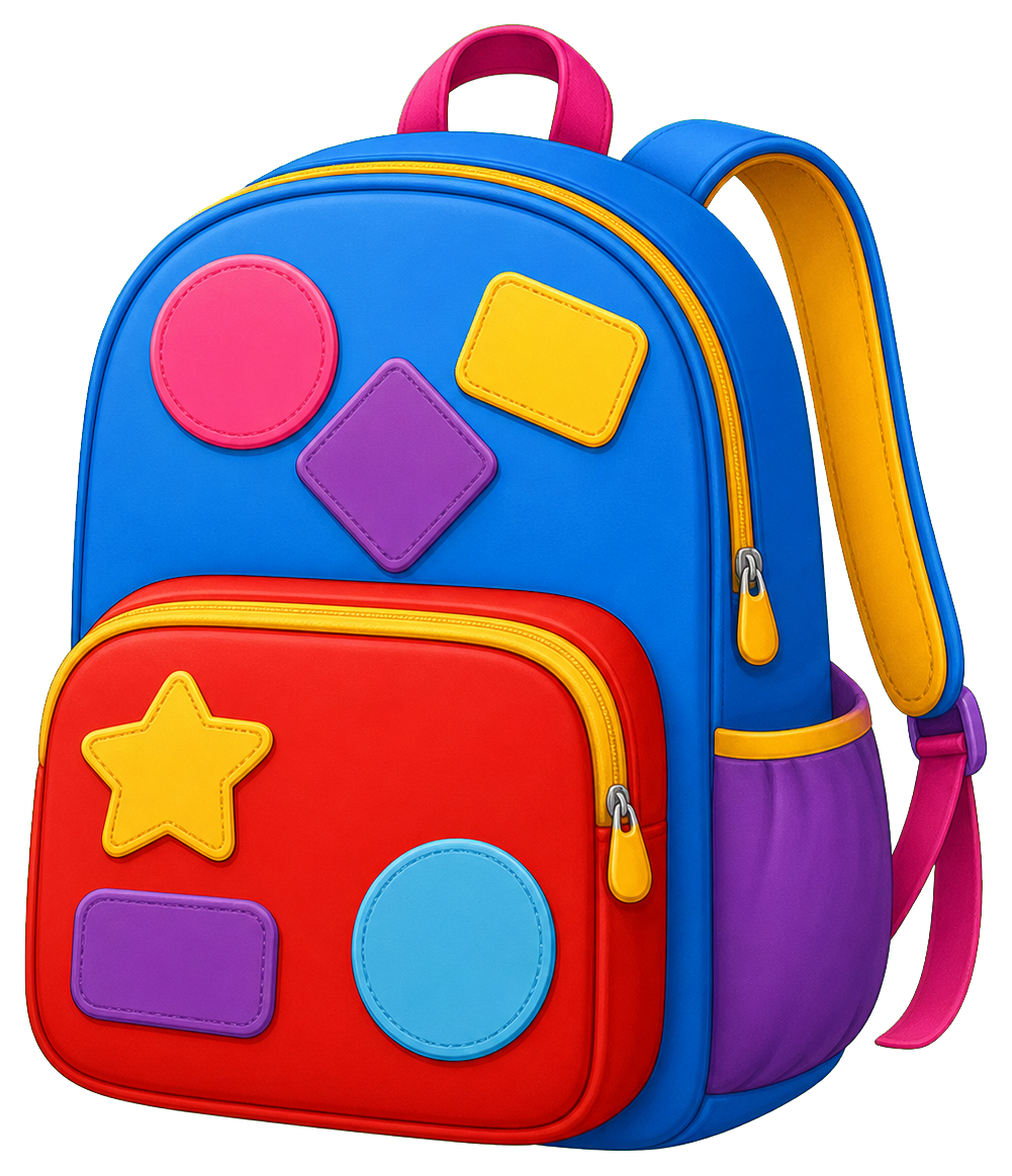 Colorful school backpack with bright patch shapes on the front and side pockets.
