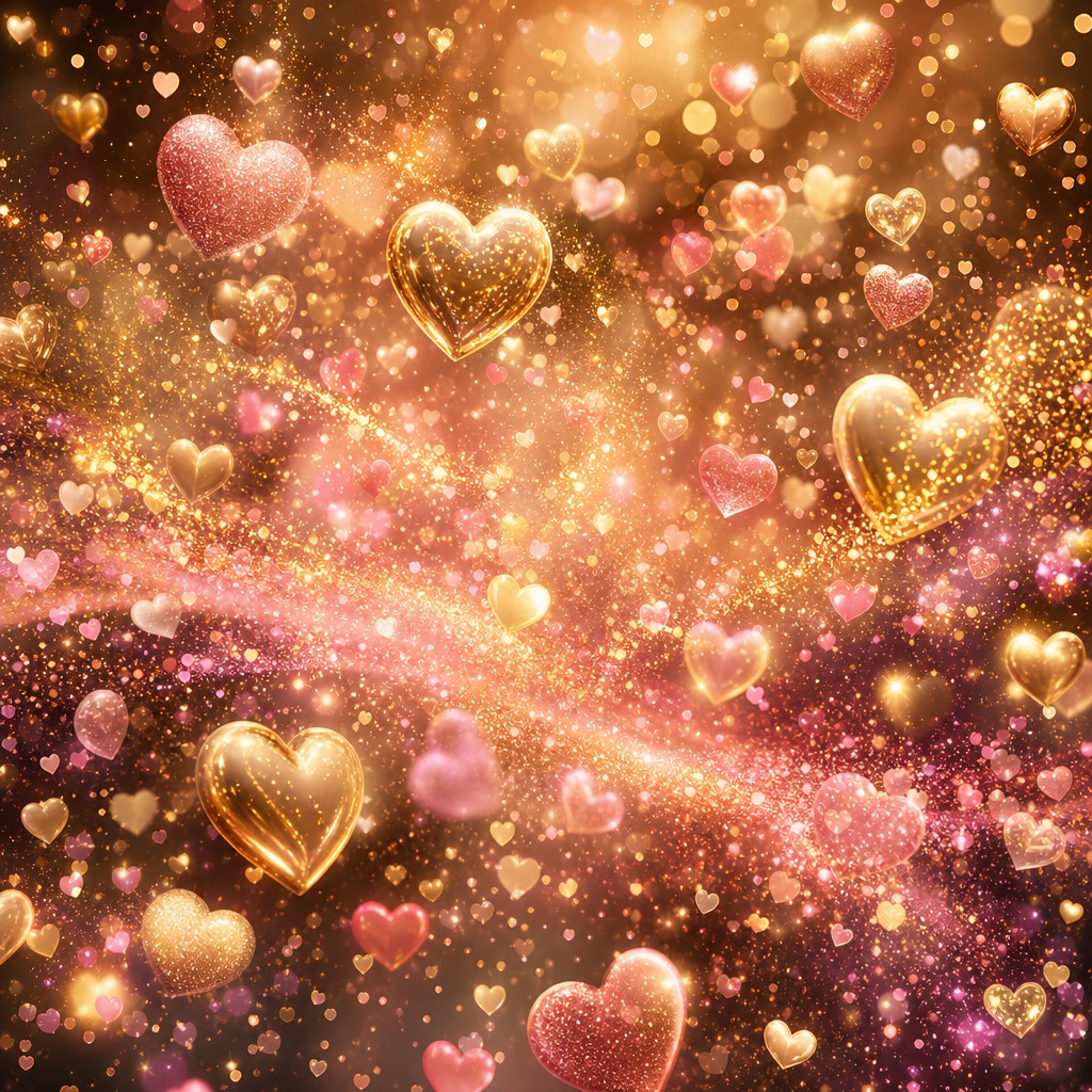 Glowing pink and gold neon hearts scattered across a sparkling romantic background.