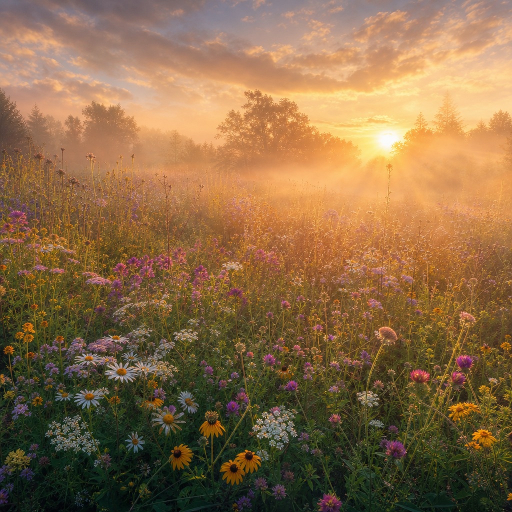Sunrise light over a foggy meadow filled with wildflowers and misty trees