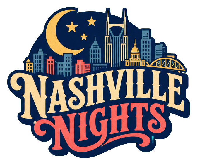 Retro Nashville Nights word art with a moon, stars, skyline, and bridge illustration.