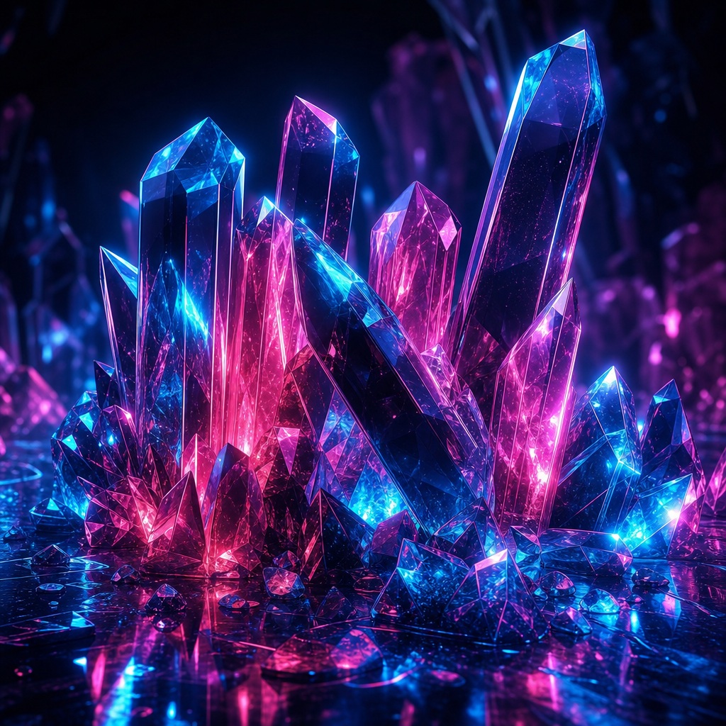 Glowing pink and blue crystal shards with a dark futuristic abstract background