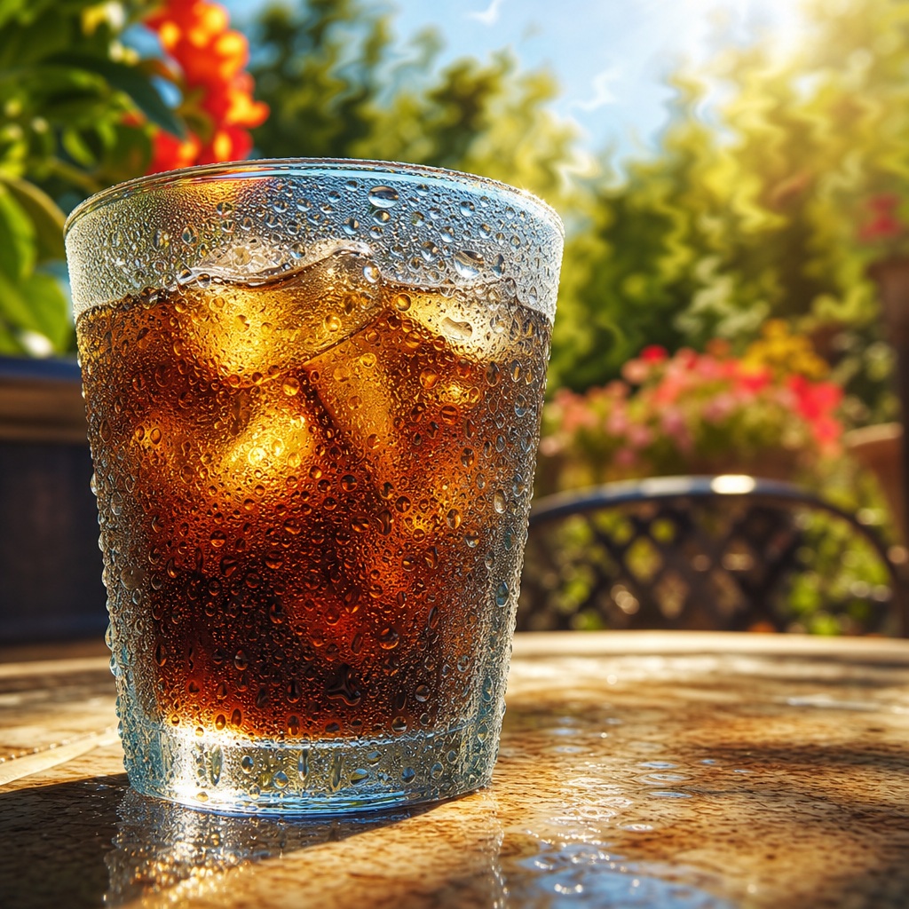 A condensation-covered glass of iced drink on a sunlit outdoor table.