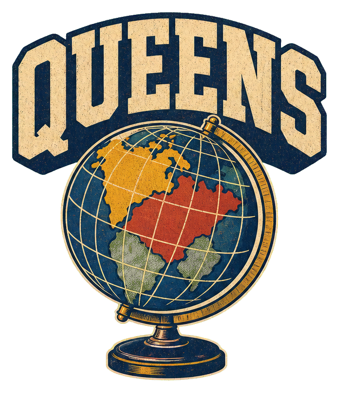 Retro Queens globe with large Queens text above it