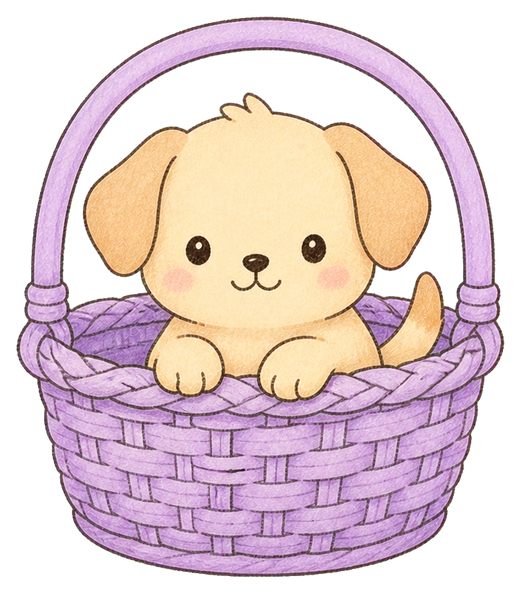 Cute kawaii puppy sitting in a purple picnic basket with a handle.