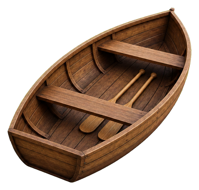 Wooden rowboat viewed from above with warm brown planks and lavender-toned accents