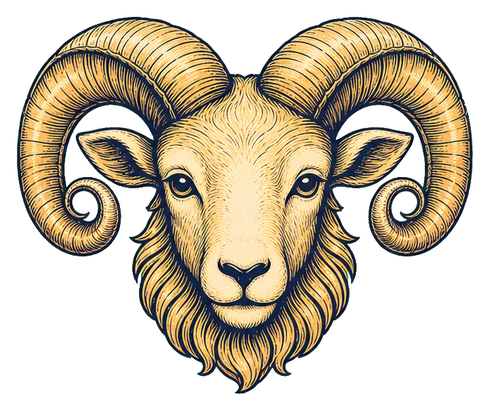 Stylized ram head with curved horns in an astrology sticker design