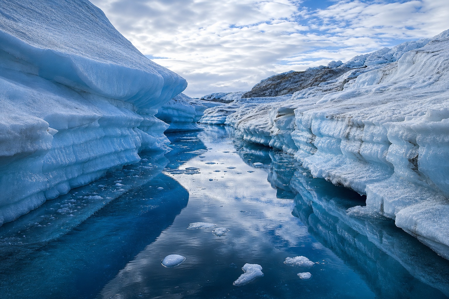 Blue glacier ice walls framing a narrow reflective meltwater channel