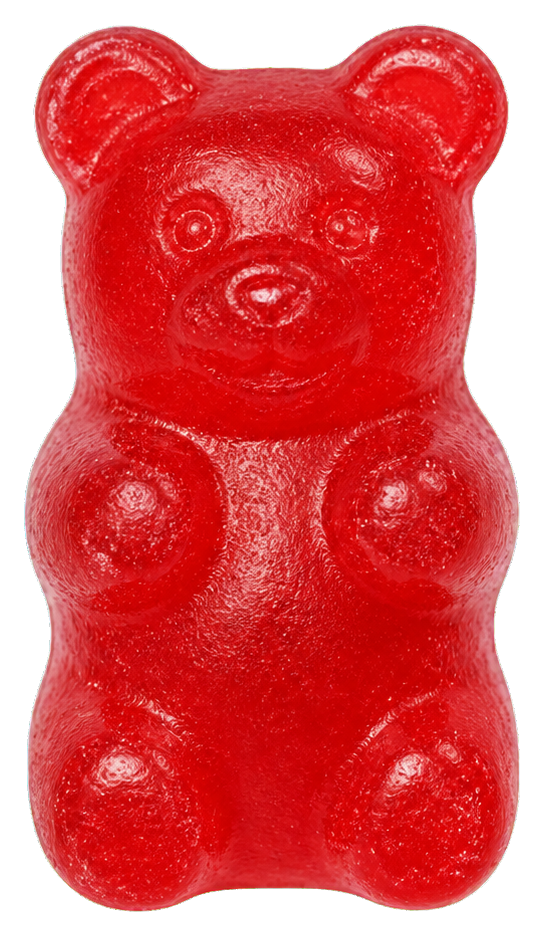 A shiny red gummy bear candy sticker on a transparent background