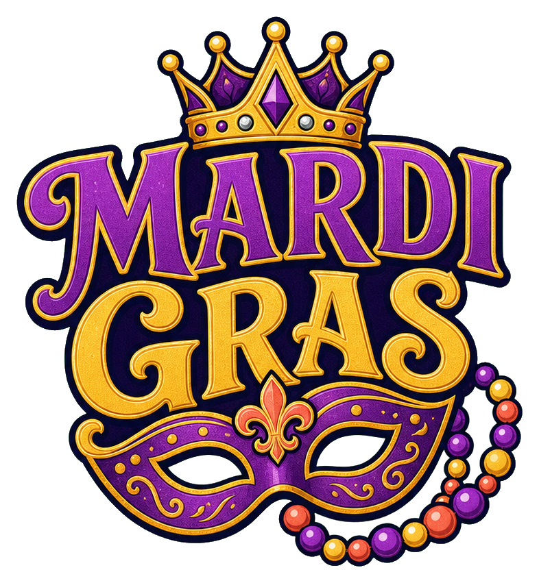Purple and gold Mardi Gras mask with crown and decorative bead accents.
