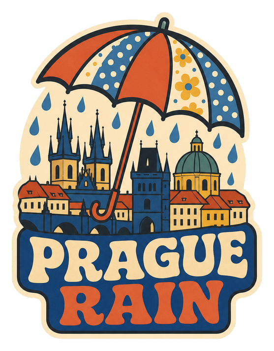 Illustrated Prague skyline under a striped umbrella with PRAGUE RAIN text.