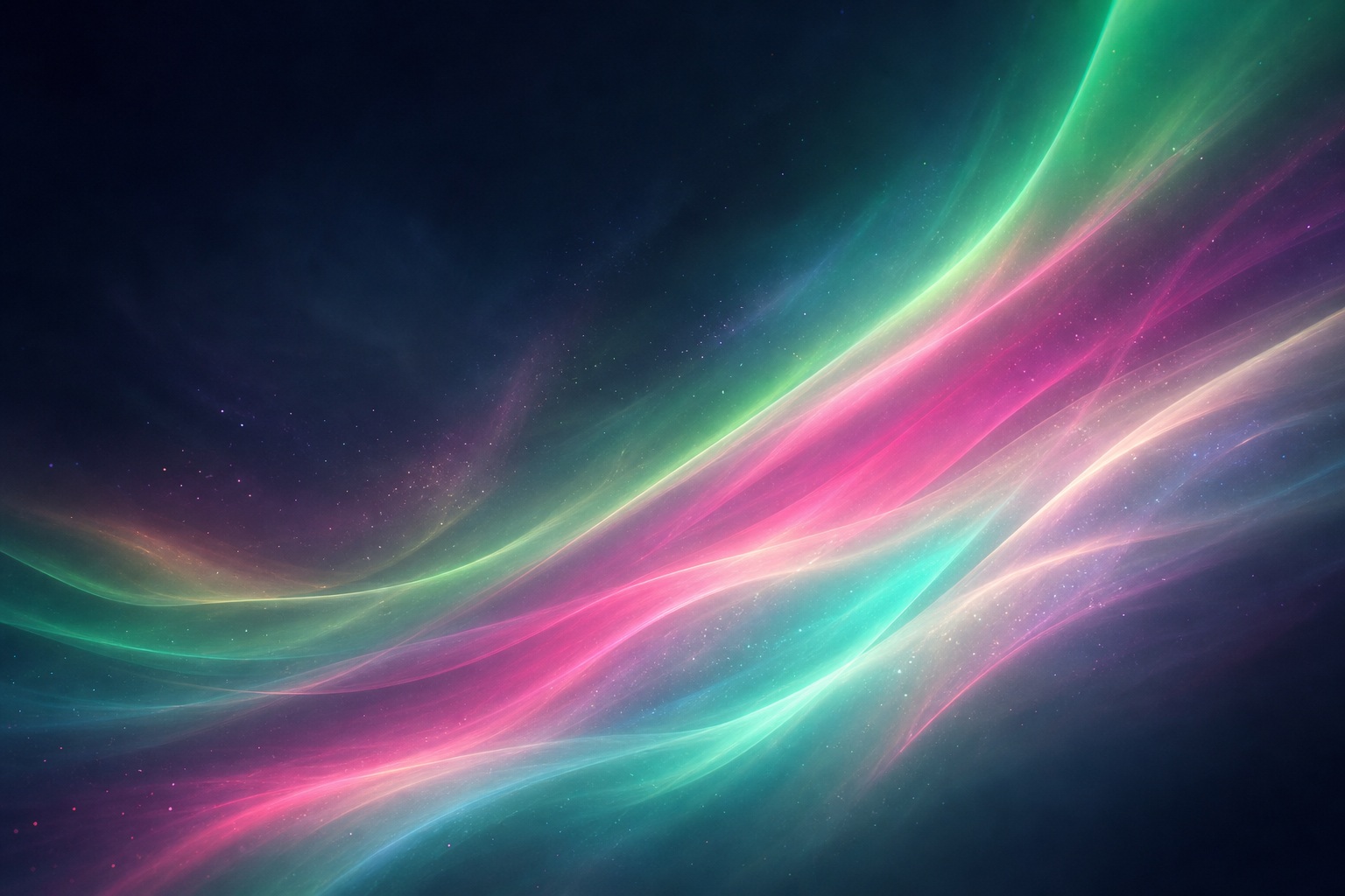 Flowing pink, green, and blue light ribbons over a dark abstract background