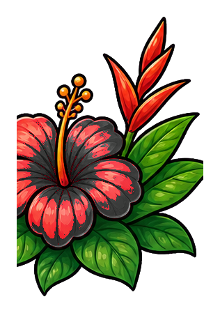 Red jungle flower with green tropical leaves and a black outlined blossom