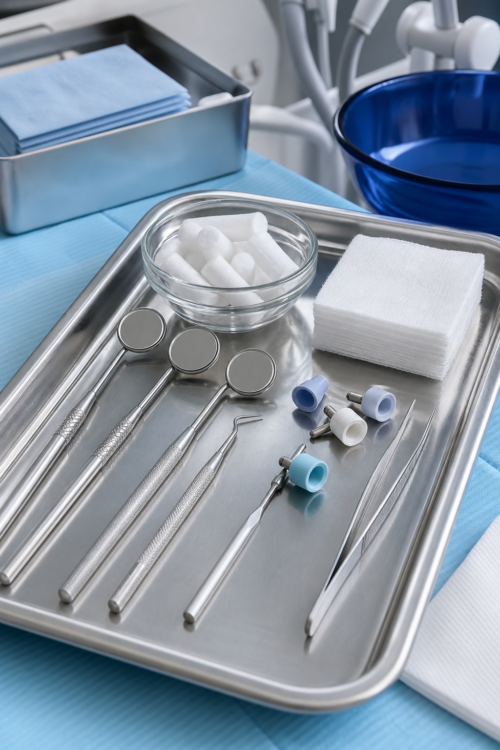 Dental instruments, cotton rolls, gauze, and clinic supplies on a metal tray beside a blue bowl.
