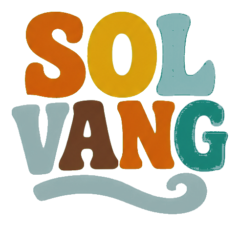 Retro colorful Solvang word art sticker with a curved underline.