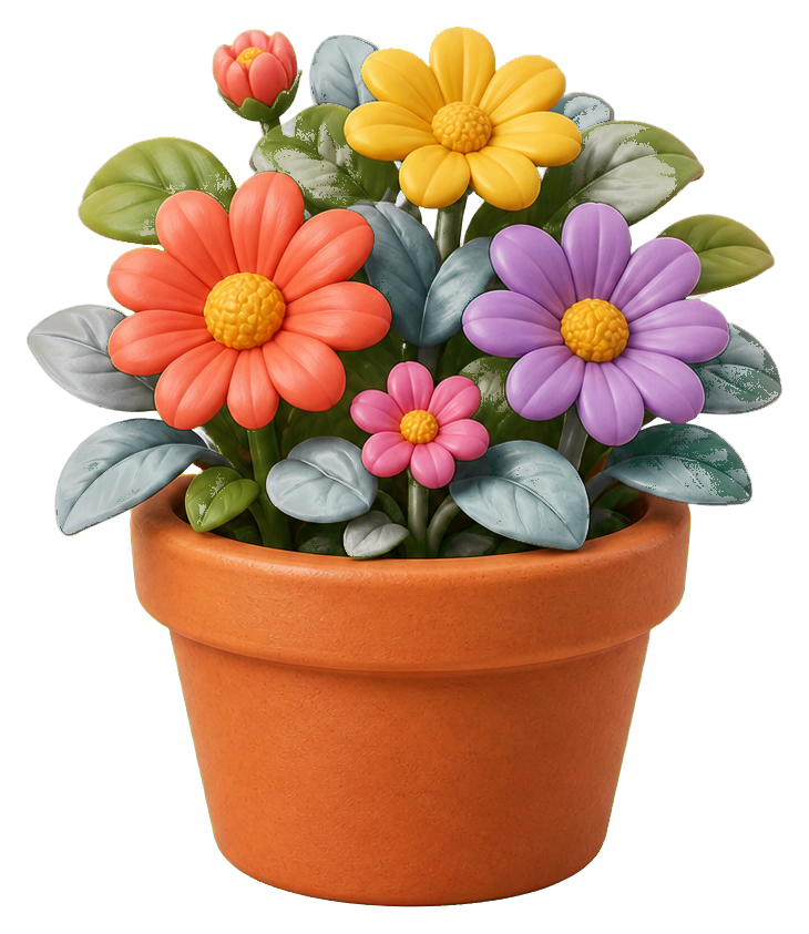 Colorful blooming flowers in an orange terracotta flower pot sticker.
