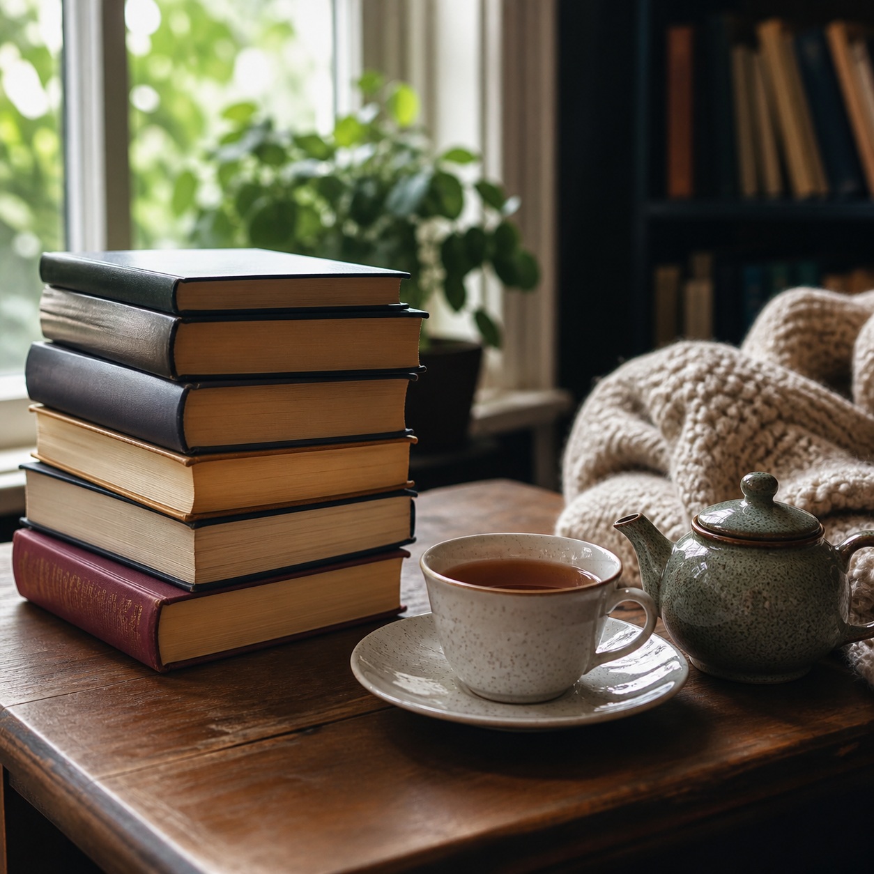 Stacked books beside a teacup, teapot, and knitted blanket on a wooden table.