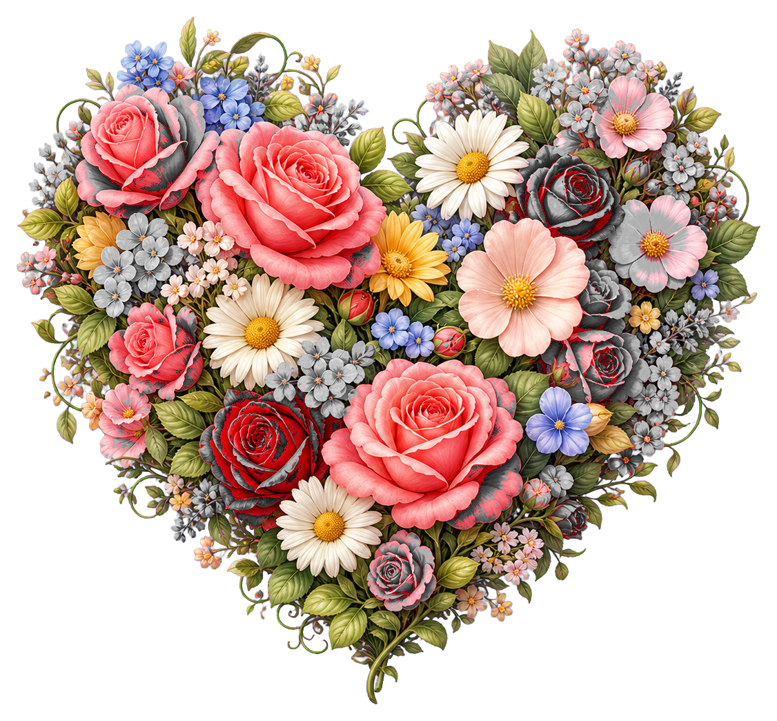 Heart-shaped floral arrangement with roses, daisies, and mixed flowers