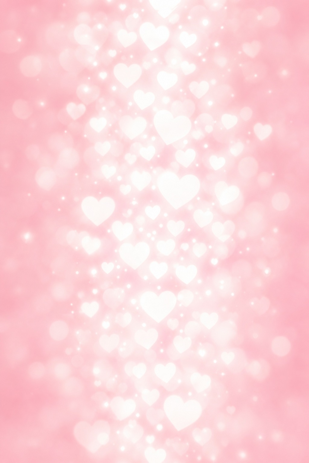 Soft pink background with vertical columns of glowing white hearts and bokeh lights