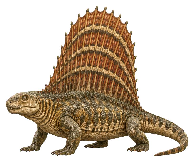 Realistic cross-barred Edaphosaurus standing in profile on a transparent background