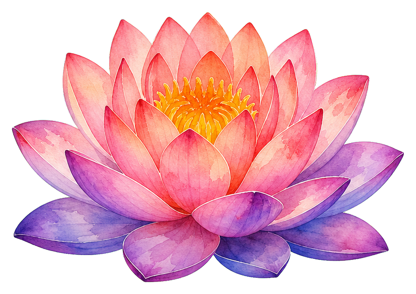 Pink and purple watercolor lotus flower with layered petals and an orange center