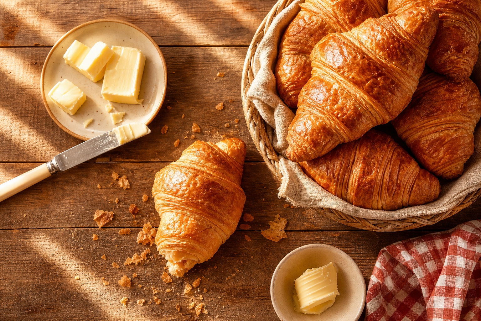 Fresh croissants with butter on a warm bakery-style table and checkered cloth.