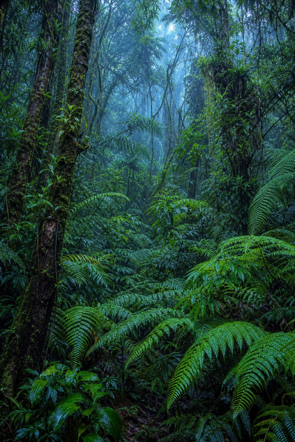 Dense tropical rainforest with ferns, towering trees, and blue mist in the background.