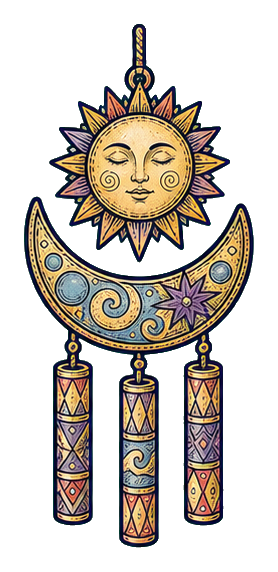 Decorative sun face above a crescent moon with three hanging chimes.