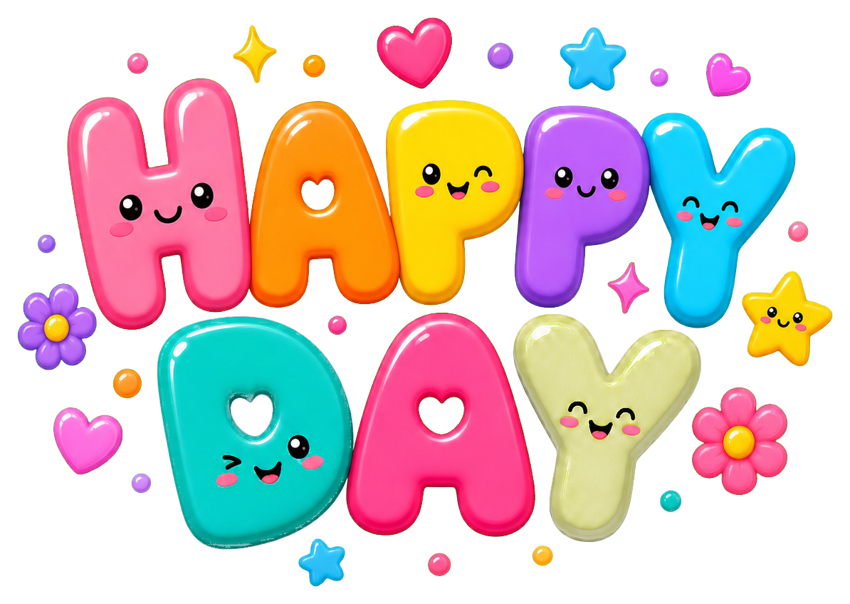 Colorful bubbly Happy Day text with cute faces, hearts, and stars