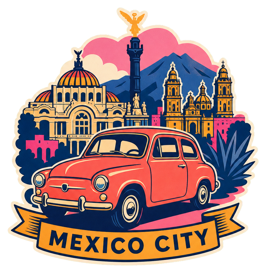Retro car driving under Mexico City skyline with banner text below