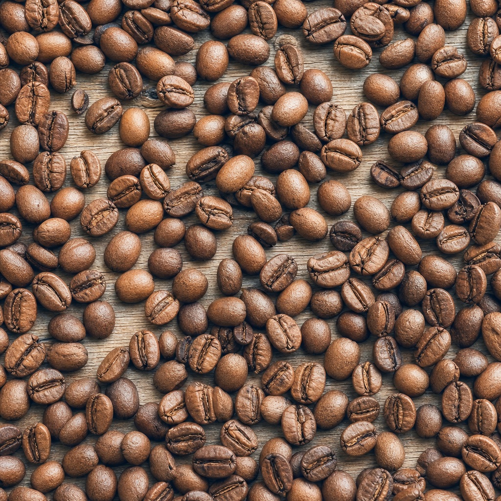 Roasted coffee beans scattered across a plain wooden surface.