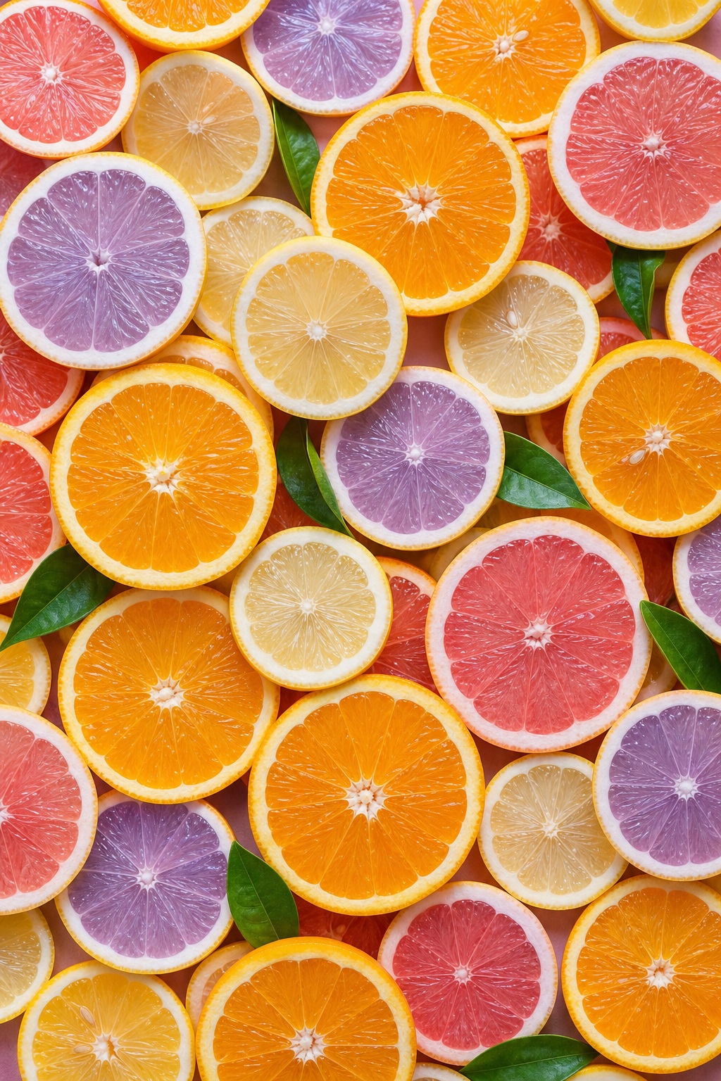 Overlapping orange, grapefruit, and lemon slices with green leaves on a soft lavender background
