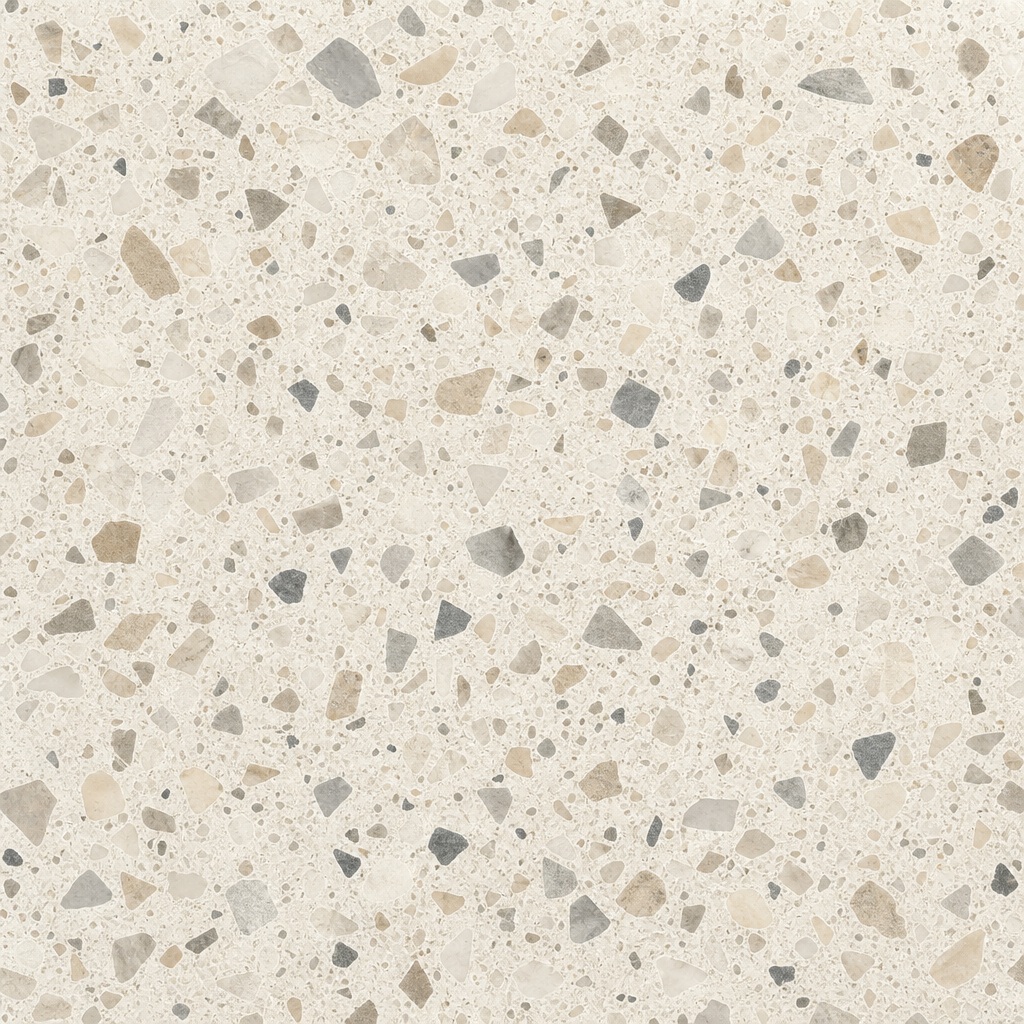 Neutral terrazzo pattern with light stone chips and small gray speckles