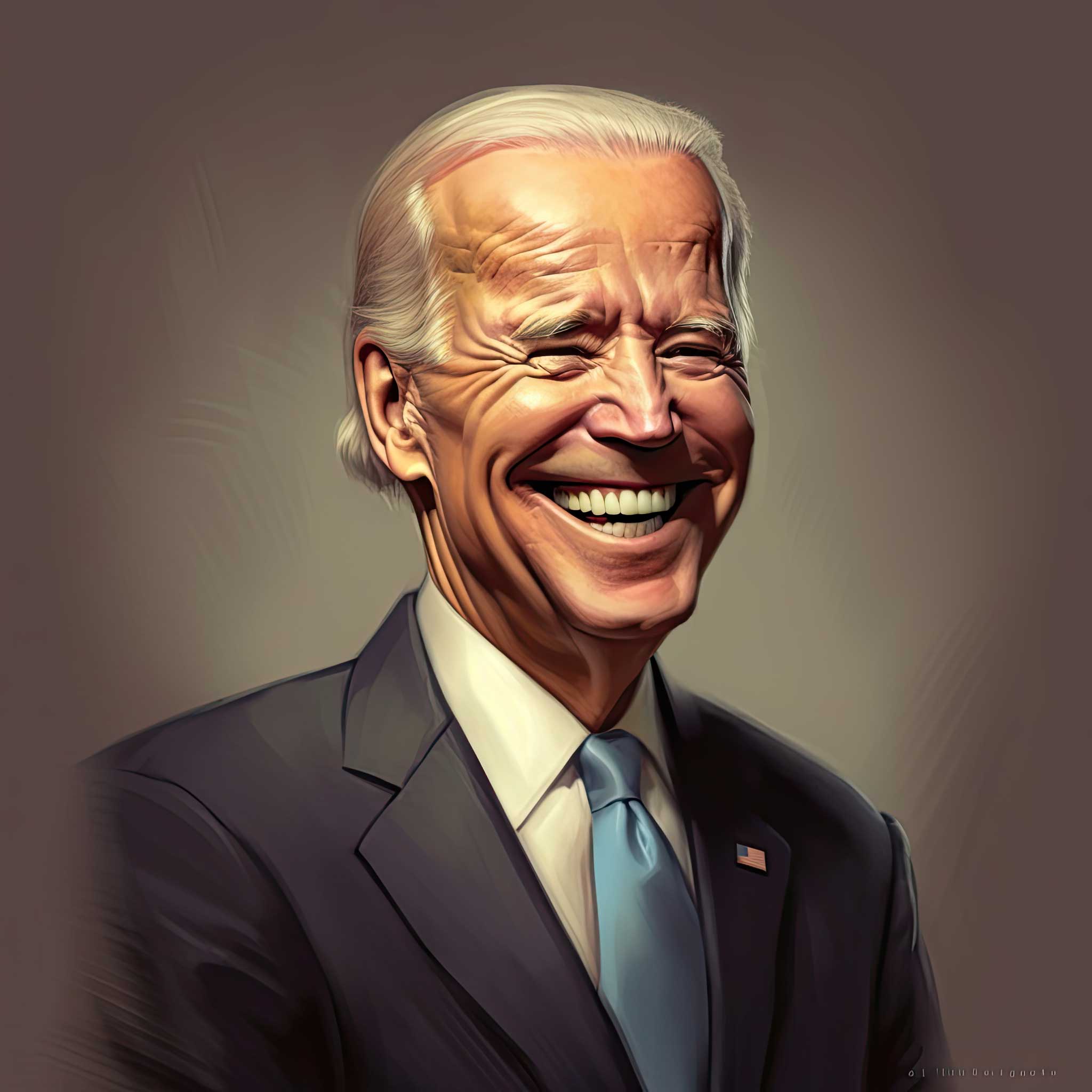 Portrait illustration of Joe Biden smiling in a dark suit and tie.