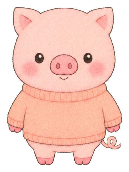 Cute pink pig wearing a cozy sweater with rosy cheeks