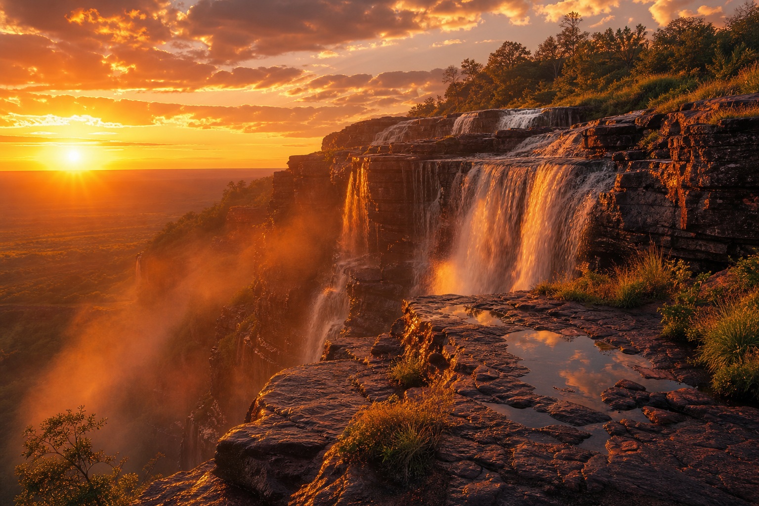Preview for Sunset Waterfall Cliff Background