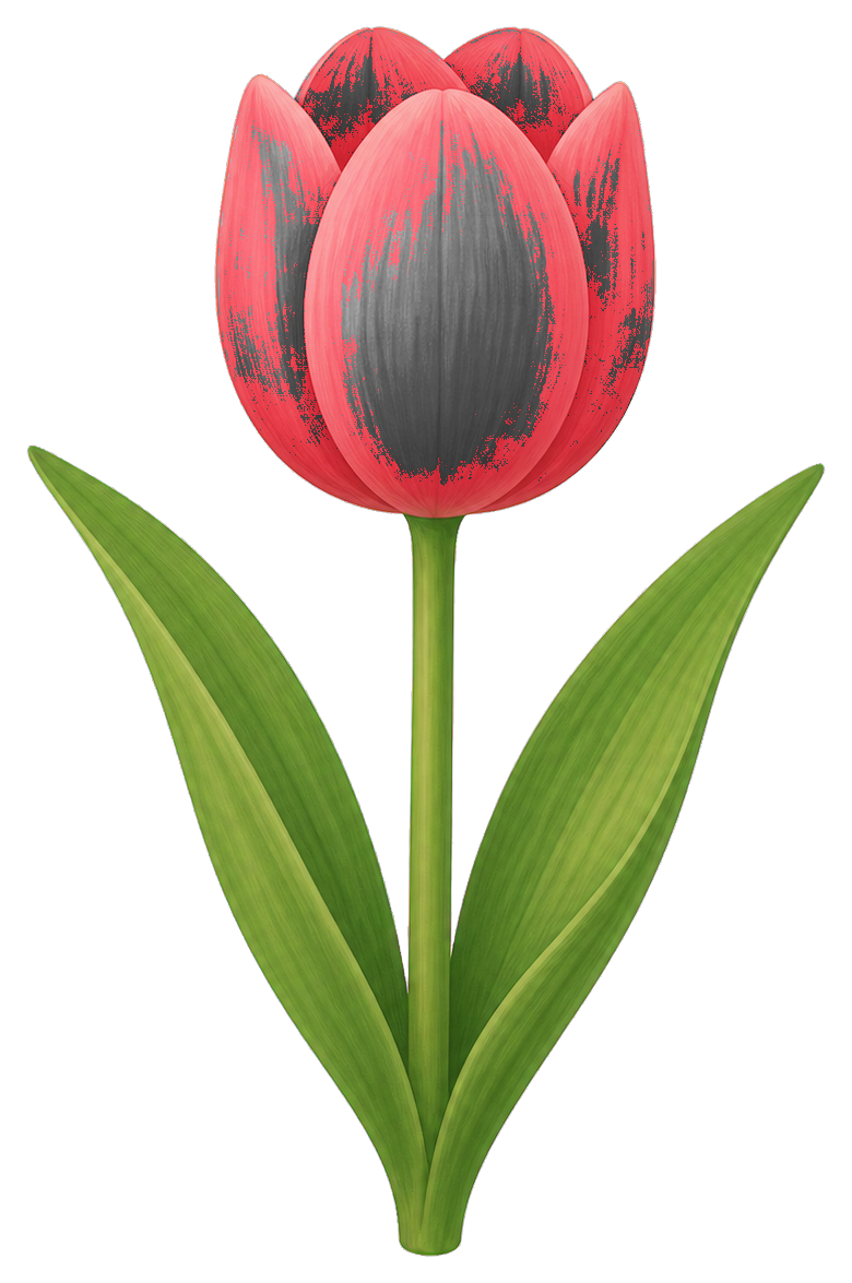 Red tulip with green stem and leaves on a transparent background.