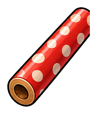 Red wrapping paper roll with white polka dots on a black background